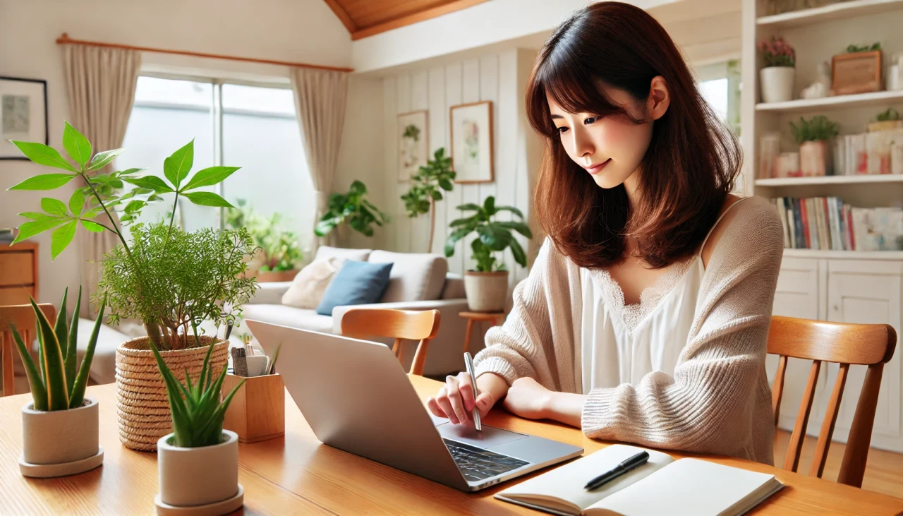 歯科助手資格取得に向けて通信講座で勉強する女性